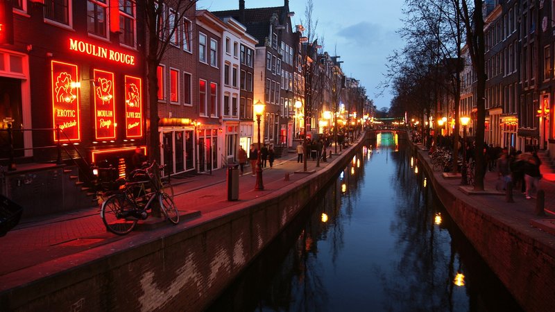 Amsterdam red light district during the evening canal view